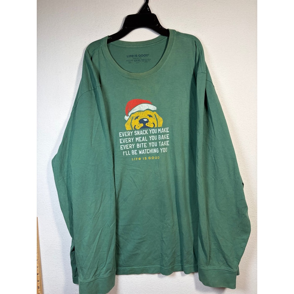 Life is Good Crusher Tee Mens 3XL Green Good Long Sleeve Christmas Dog Graphic